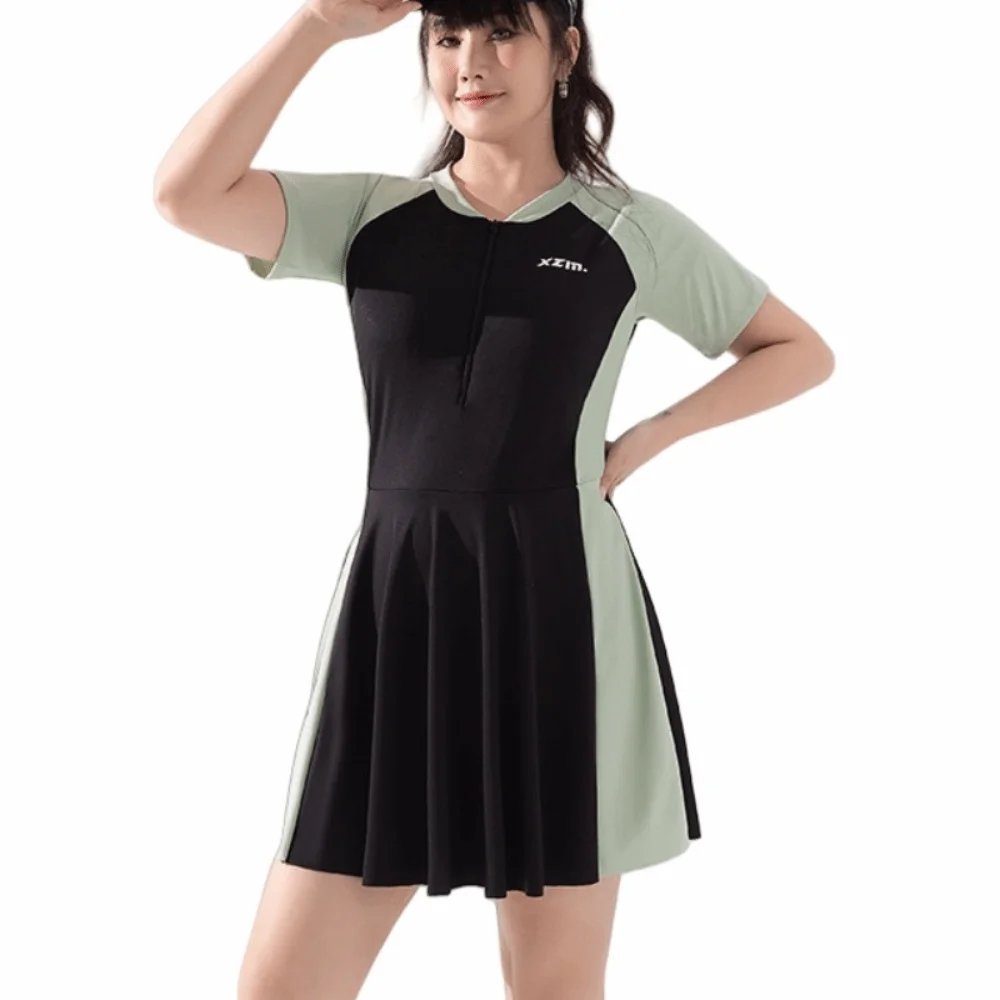 

Beachwear Short Sleeve Swimsuit Sun Protection Loose Bikini Women Bathing Suit Blue Green Milk Ice Silk Swimwear Skirt