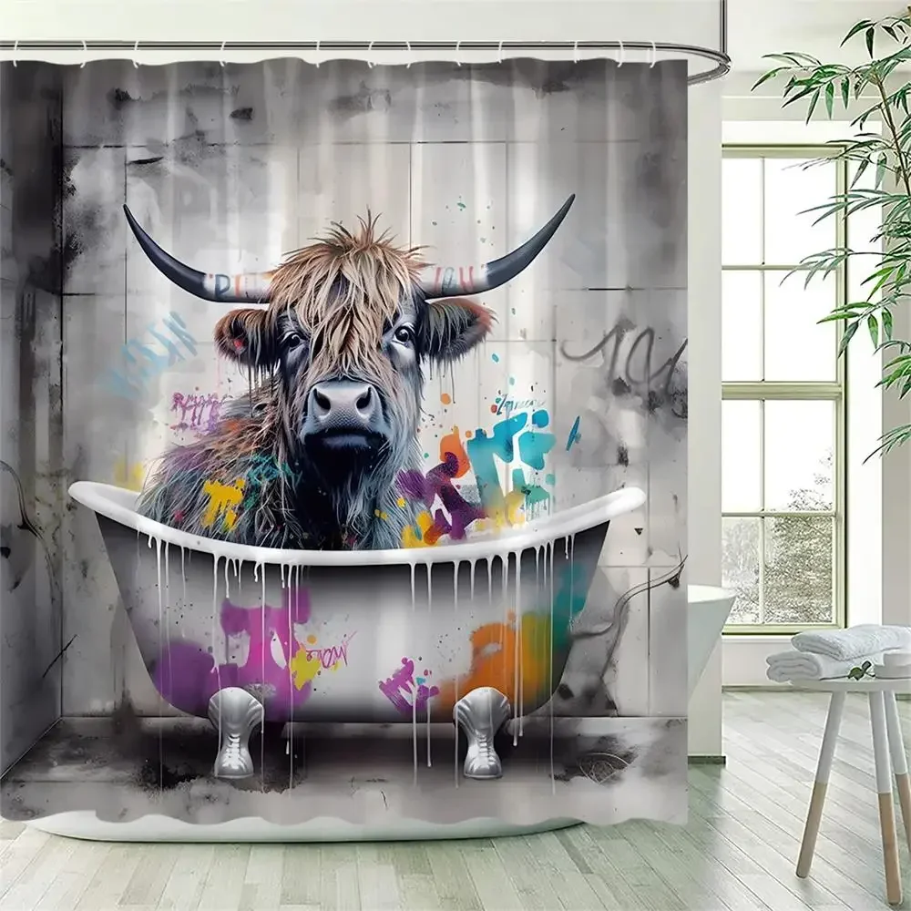 Funny Highland Cow Shower Curtains Farm Cattle Colourful Graffiti Art Bathing Animal Bath Curtain Fabric Bathroom Decor Hooks