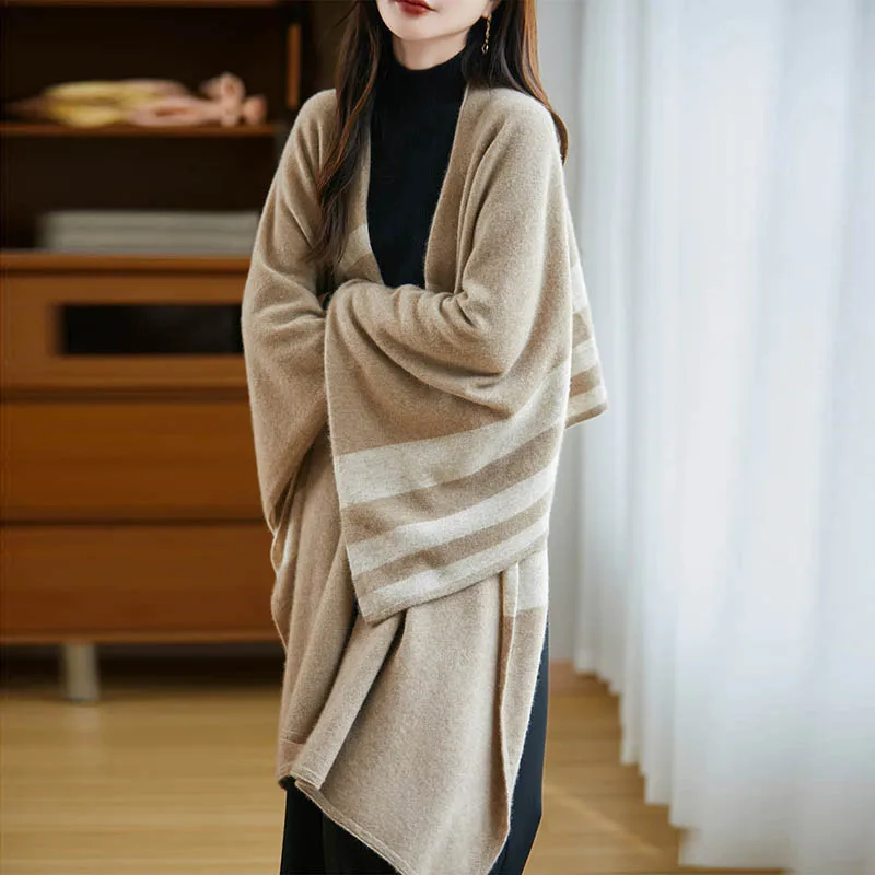 Women's Wool Shawl Scarf 100% Merino Wool Knitwear Spring Autumn Winter Pure Wool Sweater Comfortable Casual Striped Shawl Coat