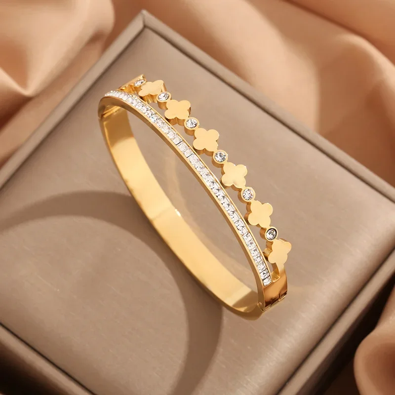 Women Stainless Steel Jewelry Accessory Fashion Zircon Bangles Water Proof Gold Color Cuffs