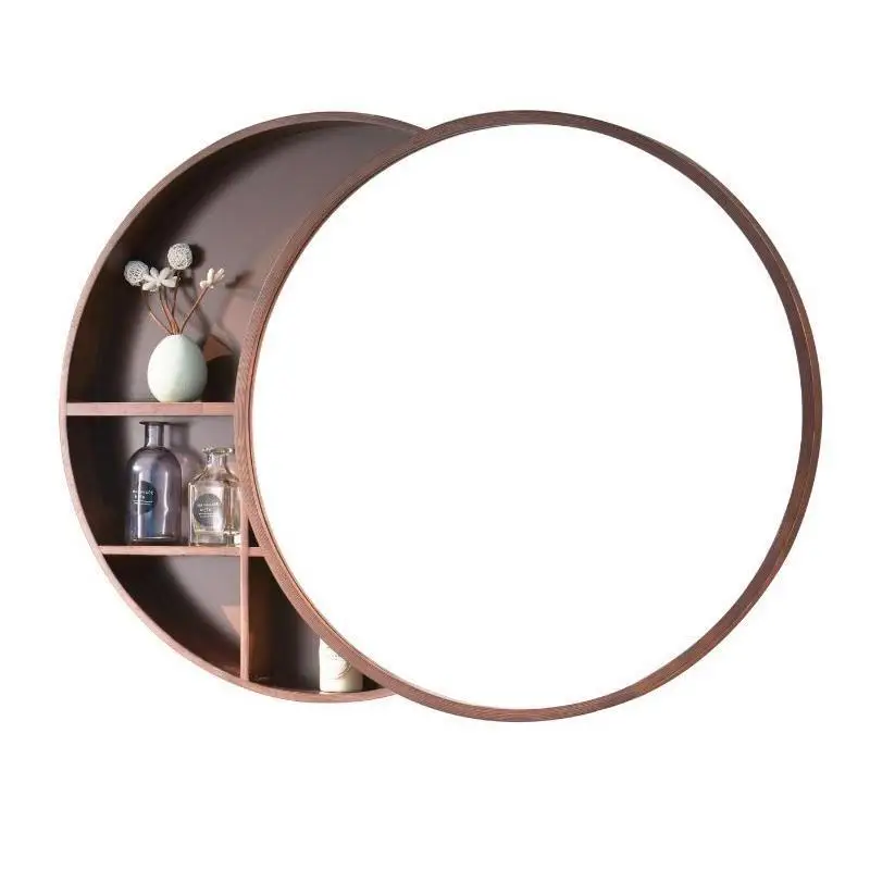 Sliding Mirror Cabinet Wall Mounted Toilet Bathroom Washstand Makeup Mirror with Light Defogging Bathroom Mirror Solid WoodRound