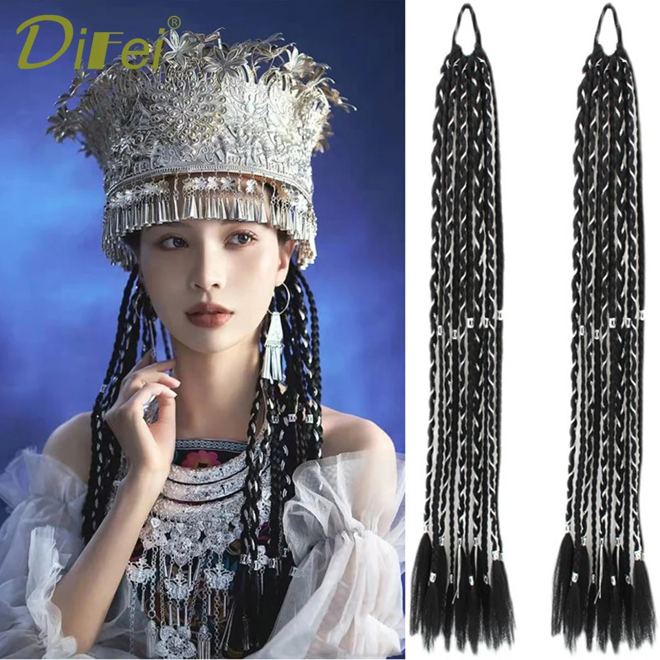 DIFEI Ethnic Style Braided Synthetic Wig Female Ponytail Silver Thread Woven Braided Hair Sweet Cool Style Braided Hair