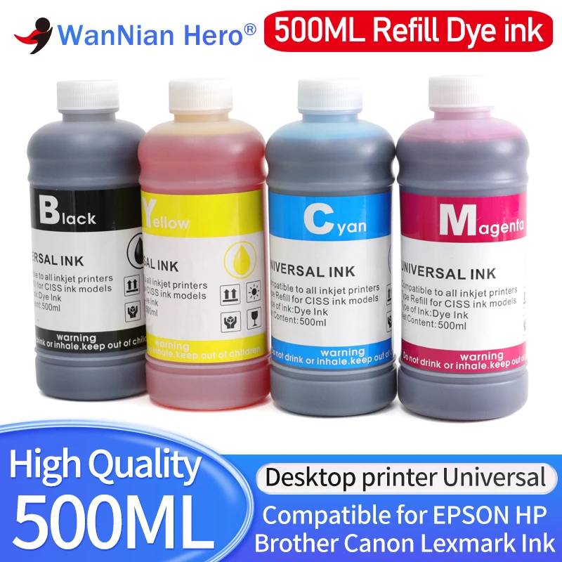 범용 염료 잉크 BK C M Y 키트, HP 캐논 엡손 형제 데스크젯 잉크젯 프린터 탱크 카트리지, CISS 805 305 호환, 500ml