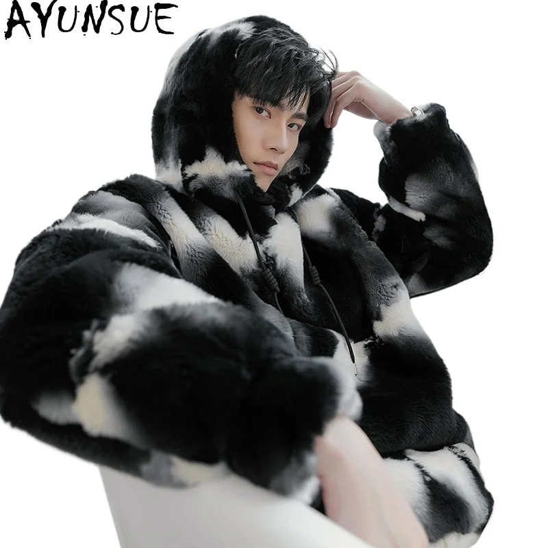 AYUNSUE 2025 Real Rex Rabbit Fur Jacket for Men Winter Luxury High-end Hoodie Natural Fur Coat Fashion Short Mens Fur Jackets