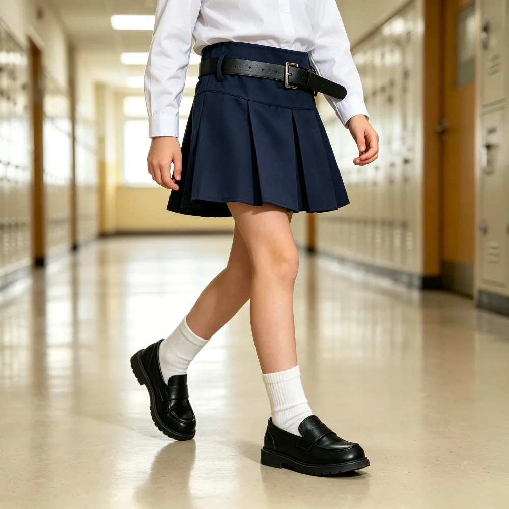 Girls Belted Mini Skirt Preppy Uniform Skirt Waist Belt High Waist A-Line Pleated Skirt Performance Stage Wear Elegant Bottoms