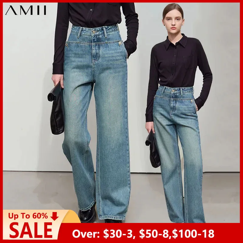 

Amii Minimalist Autumn New Retro Button Pocket Denim Lyocell Cotton Wide-leg Pants Washed Design Pocket Denim Trousers 12541129