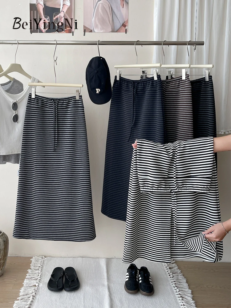 Beiyingni Elastic Waist Midi Skirts Women Drawstring Casual Japanese Korean Style Straight Skirt Female 2026 Striped Long Skirts