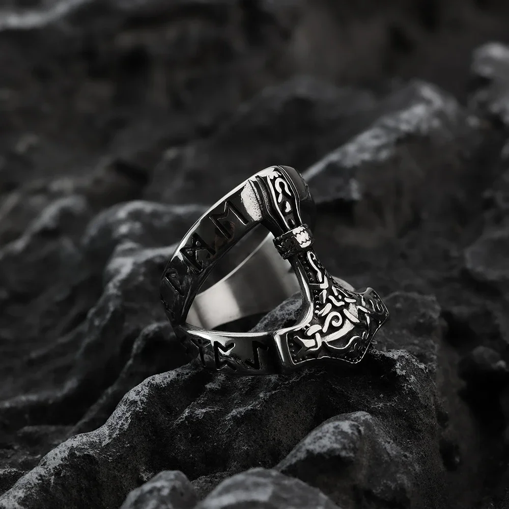 Nordic Viking Odin Thunderhammer Ring Trend Personalized Fashion Men\'s Ring Daily Clothing Paired with Stainless Steel Jewelry