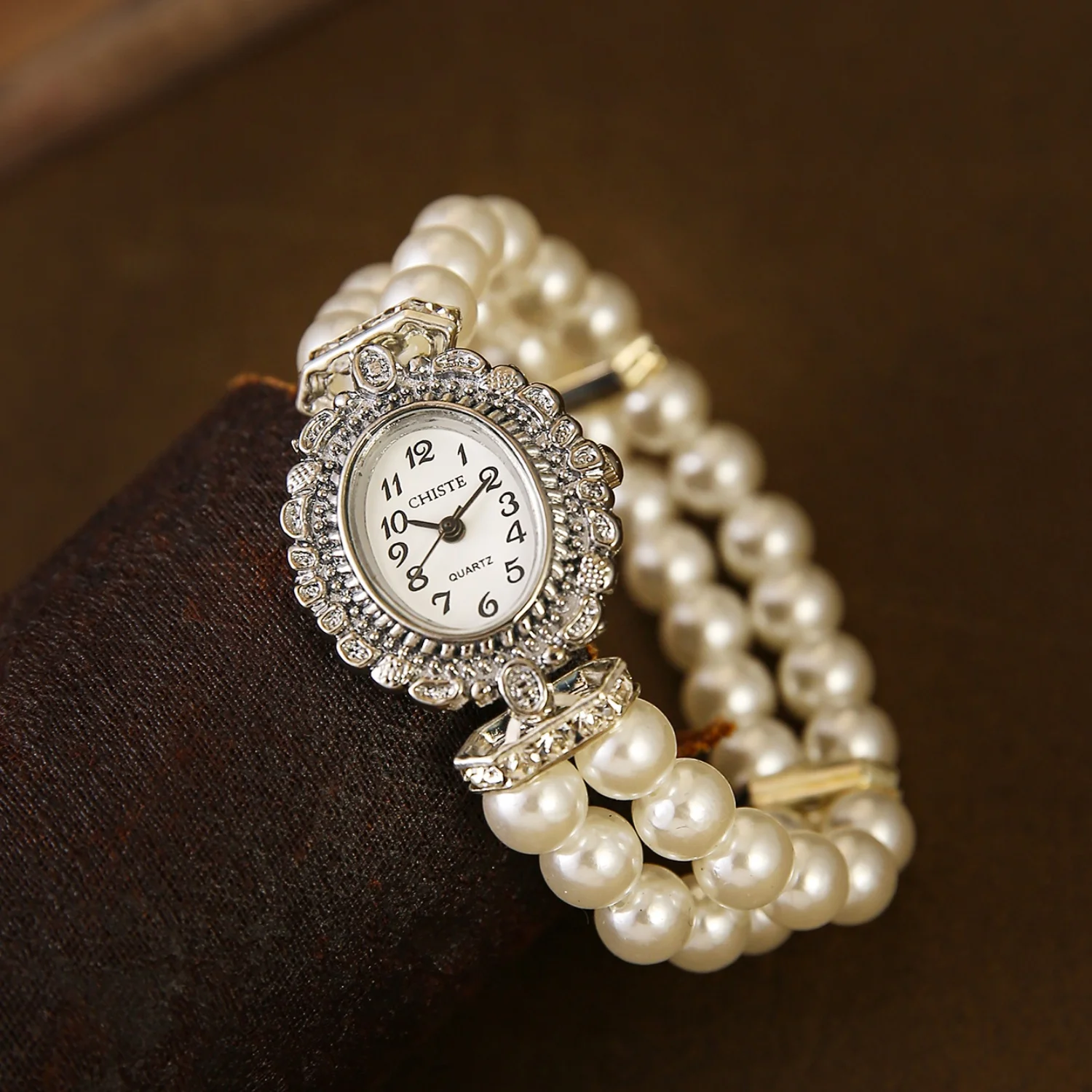 Vintage Double-row Pearl Elastic Strap Watch Kids Arabic Digital Dial Ladies Fashion Students Quartz Watches Girls Wristwatch