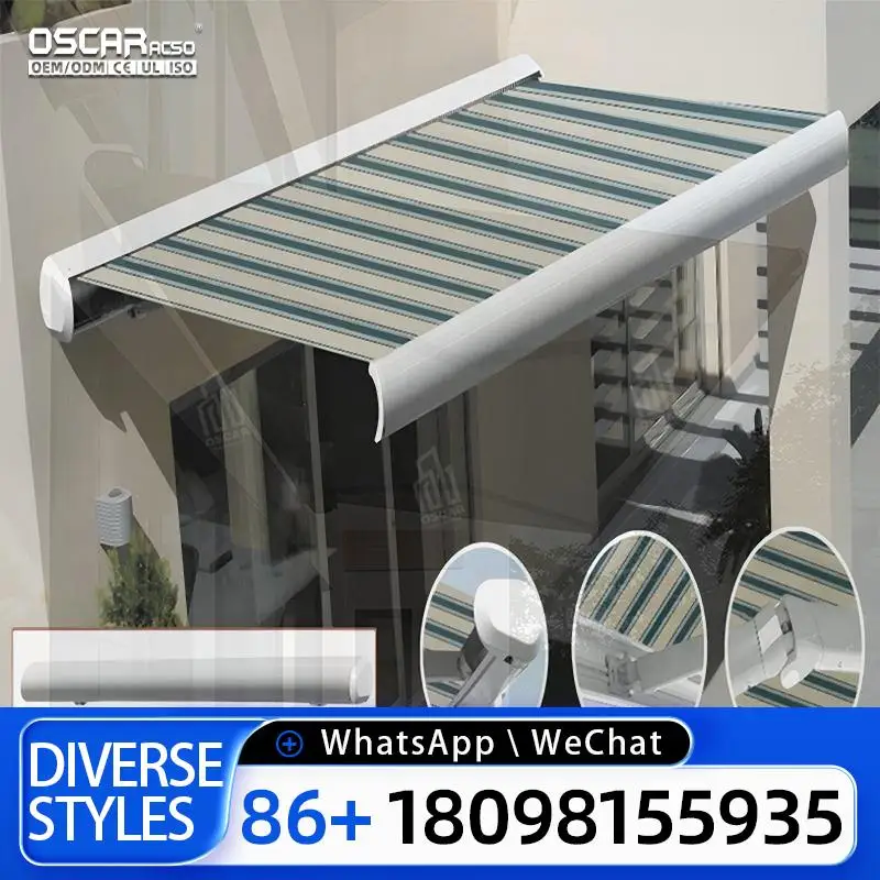 

Wall Mounted Waterproof Motorized Retractable Aluminum Folding Arm Roof Awning with LED Lights Full Cassette Outdoor Patio Garde