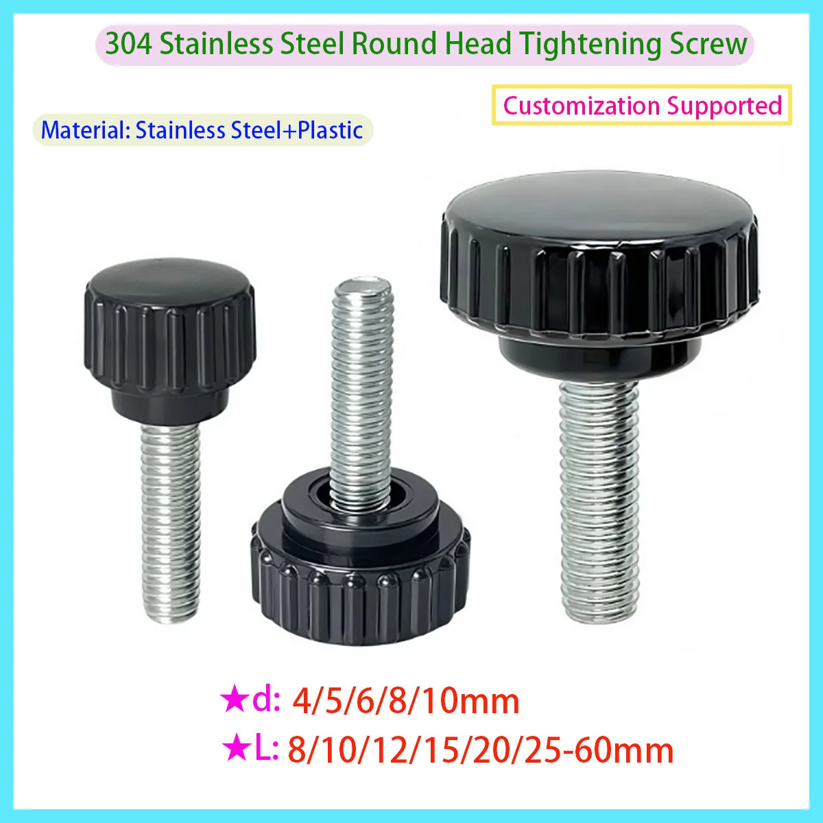 

304 Stainless Steel Round Head Handle, Embossed Rubber Thumb Screw, Plastic Fastening Bolt, Nut Knob M3 M4 M5 M6 M8