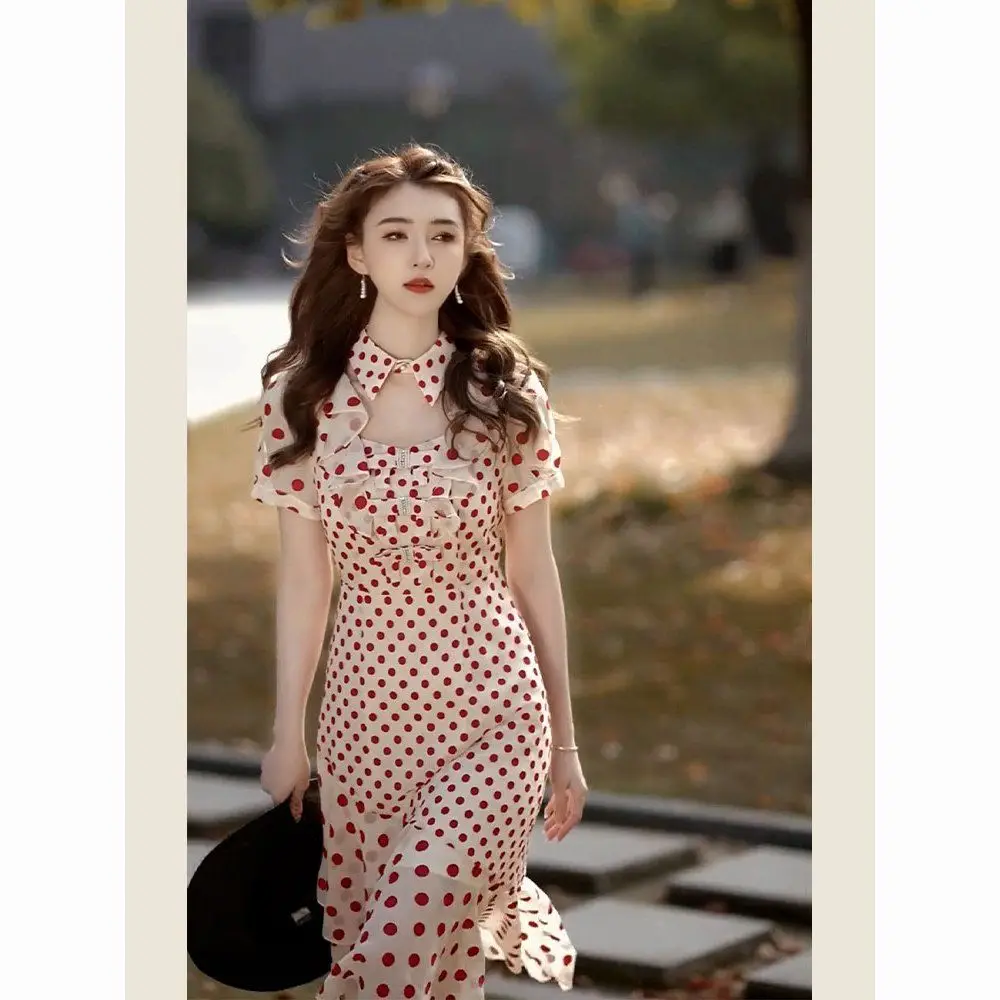 

Fashionable Retro Hong Kong Style Chic Red Polka Dot Dress for Women's Sweet Ruffle Edge Wrapped Buttocks Fishtail Dresses