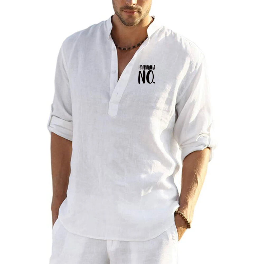 Hahaha لا جودة عالية بلون 100% قمصان كتان الرجال الصيف تنفس نصف كم عادية بلون الكتان النقي القمصان #3