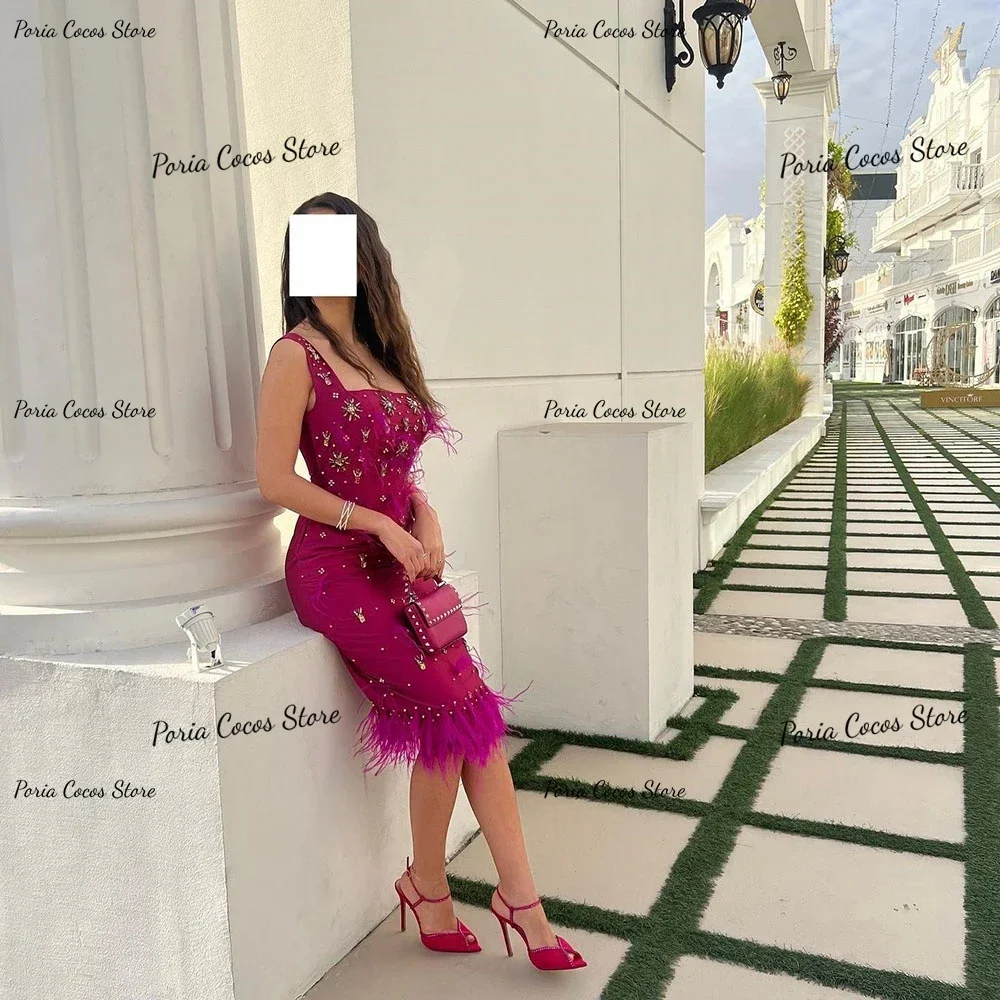 Customized Party Dress Spaghetti Strap Square Neck Sheath Feathers Prom Gown Sexy Backless High Quality Evening Gowns for Women image 3