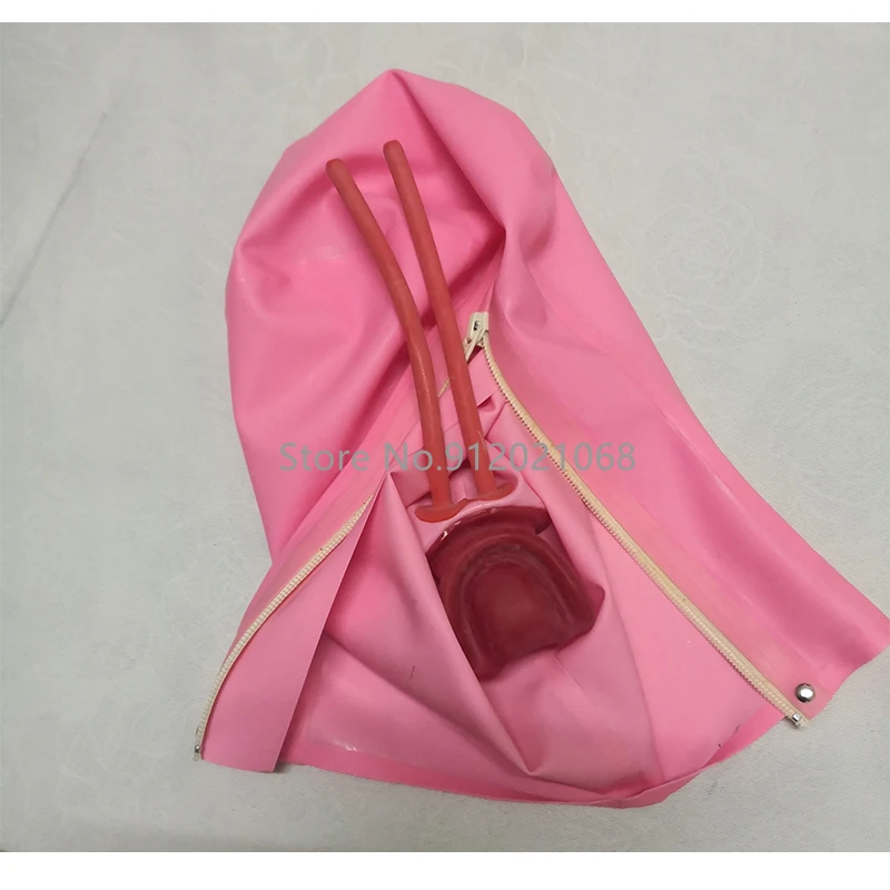 Latex Rubber Hood with Long Nose Tube Teeth Gag Mini Eye Hole Back Zip Handmade Fetish Mask for Men Women (Open Mouth Type)