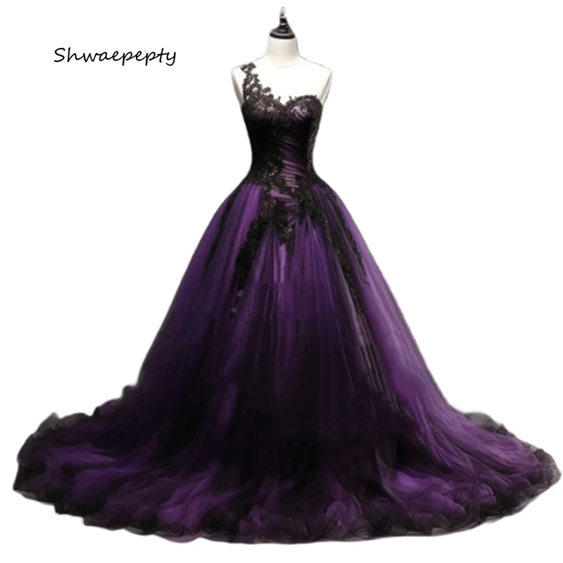 Purple And Black Wedding Dresses One Shoulder Long Tulle Ball Gown Gothic Bridal Dress Lace Appliques Customized