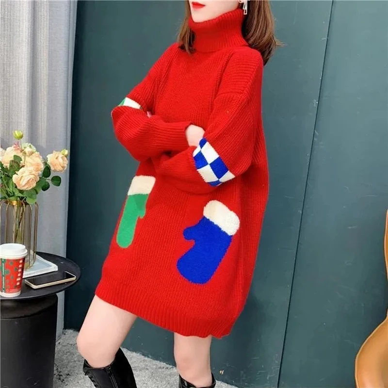 

New Blue Pullover Sweater Women's Autumn Winter 2025 Lazy Turtle-Neck Knit Sweater Female Elegant Elastic Warm Street Print Tops