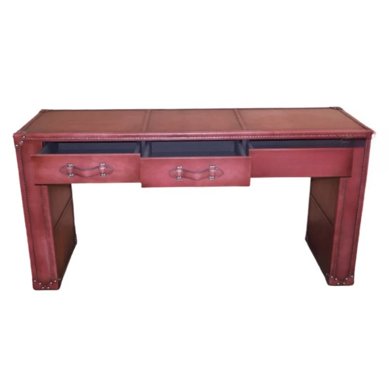 American study desk 3 draw bedroom dresser premium leather antique first layer cowhide living room entrance table decoration