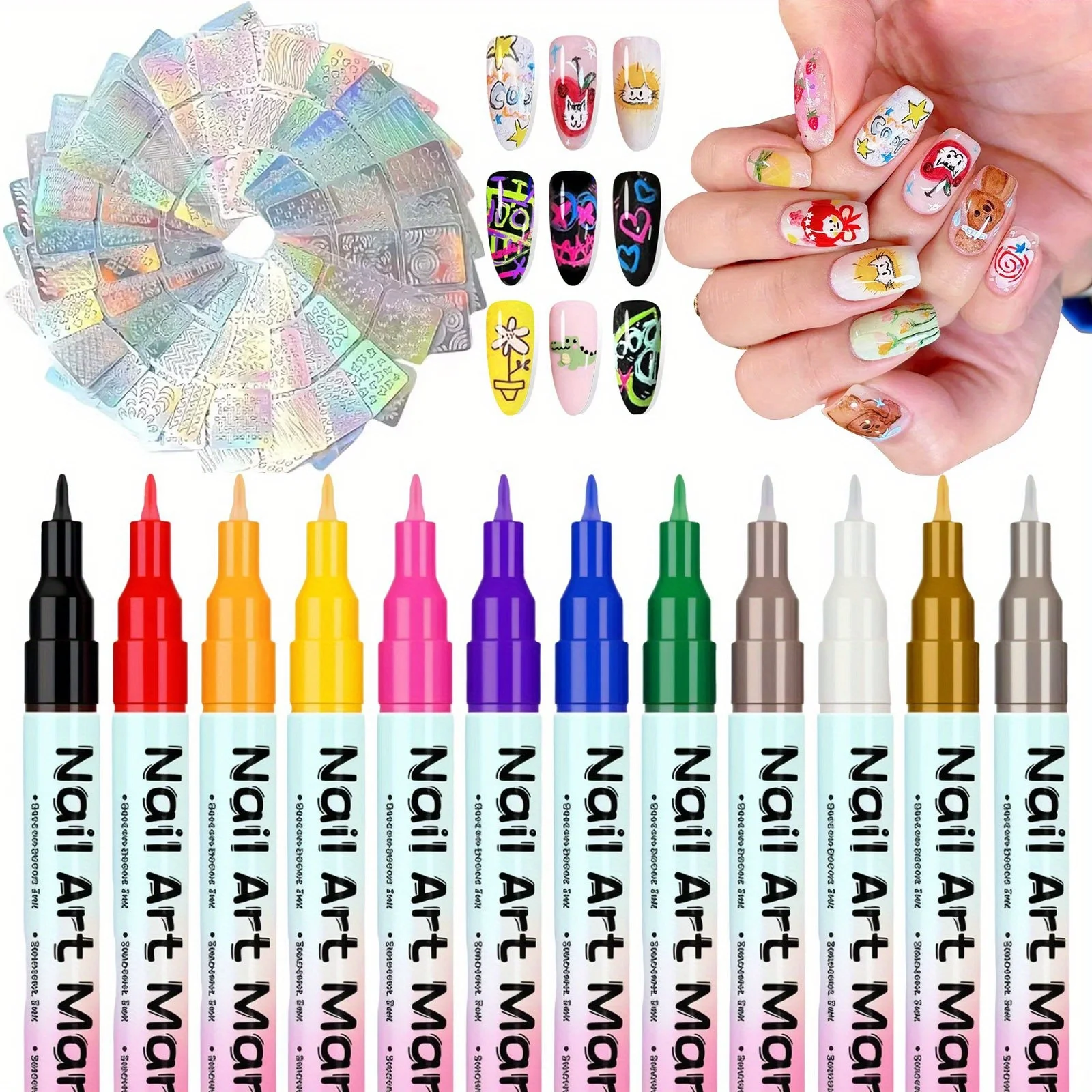 conjunto-de-marcadores-para-arte-de-unhas-com-12-cores-e-24-estenceis-a-laser-156-designs-para-arte-3d-de-precisao-decoracao-diy-de-secagem-rapida
