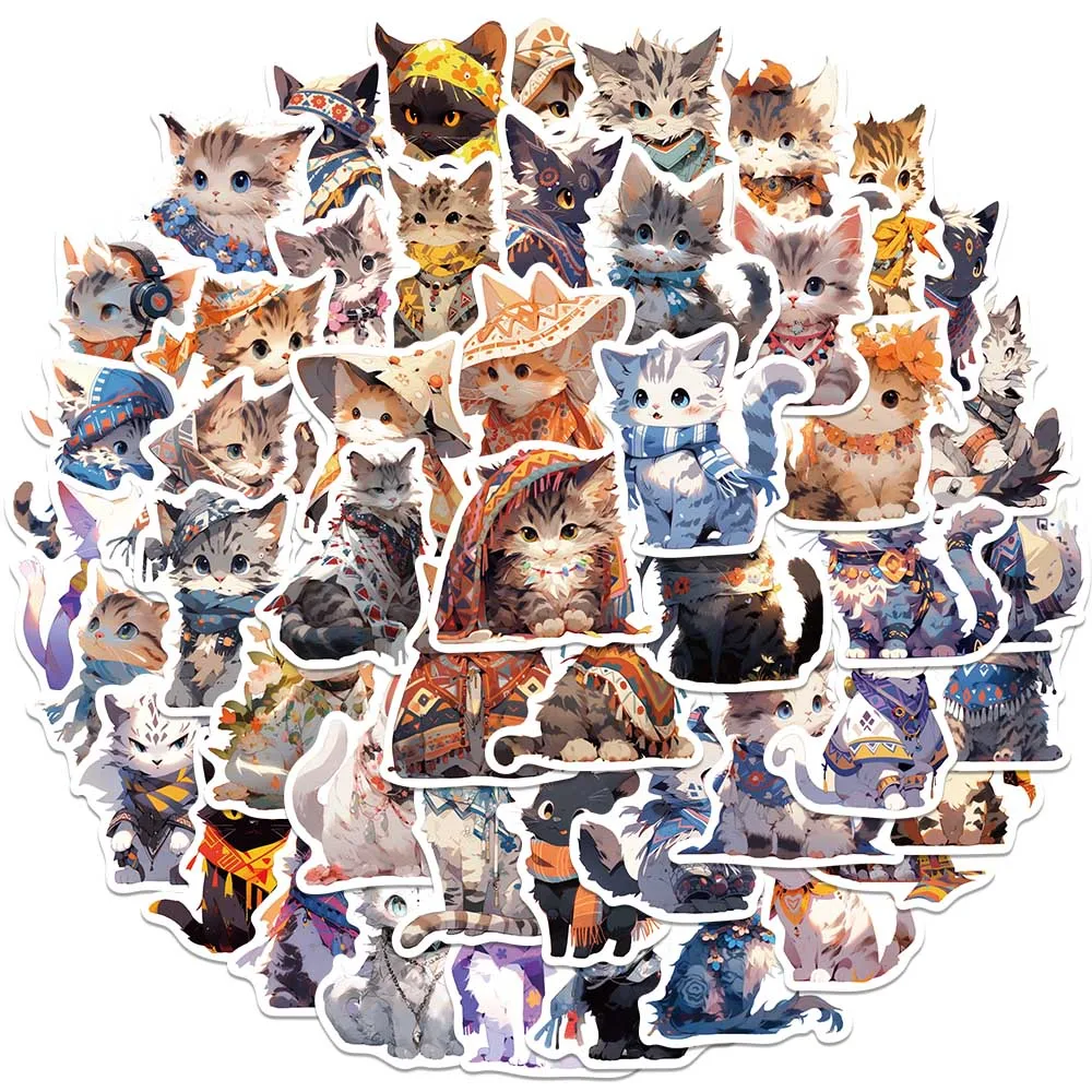 50pcs Retro Cartoon Ethnic Style Kitten Cats Stickers For Laptop Water Bottle Luggage Notebook Waterproof Graffiti Vinyl Decals