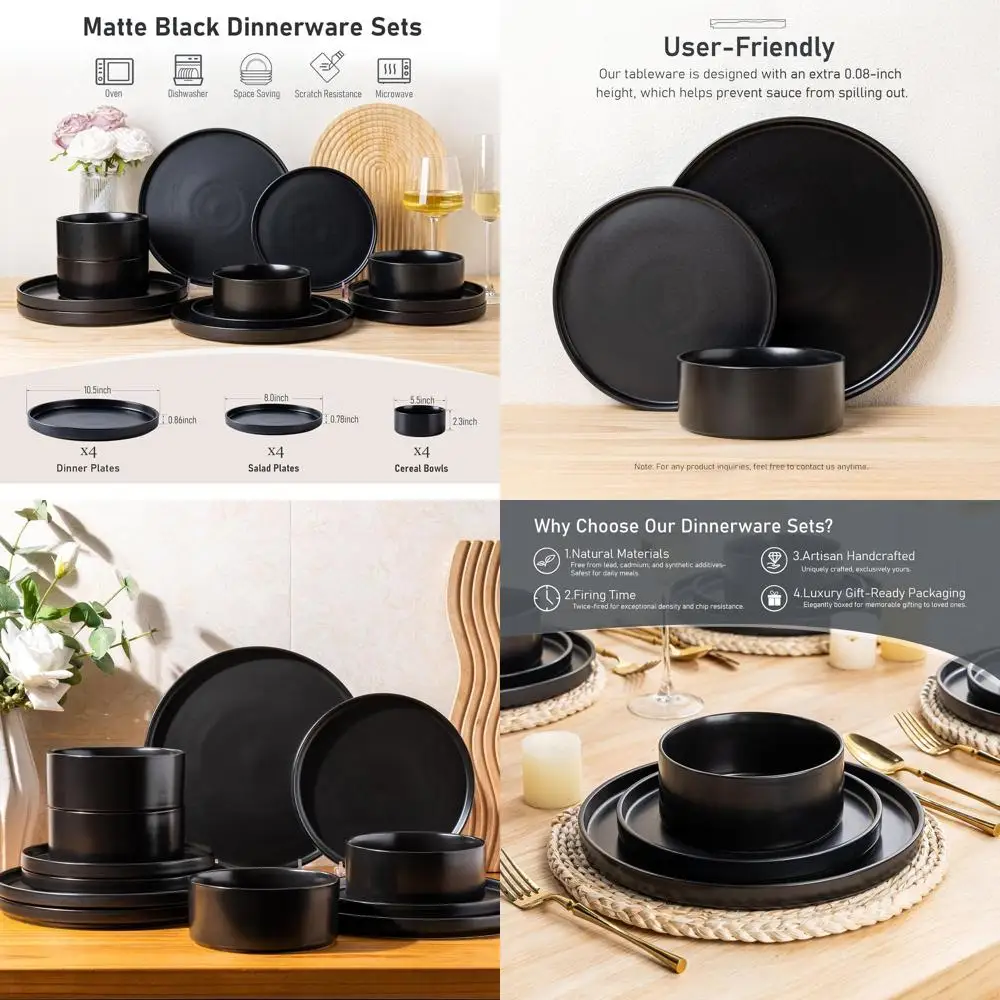

Matte Black 12-Piece Stoneware Dinnerware Set: 4 Plates, 4 Bowls, Dishwasher and Microwave Safe, Resistant to Chips and Cracks