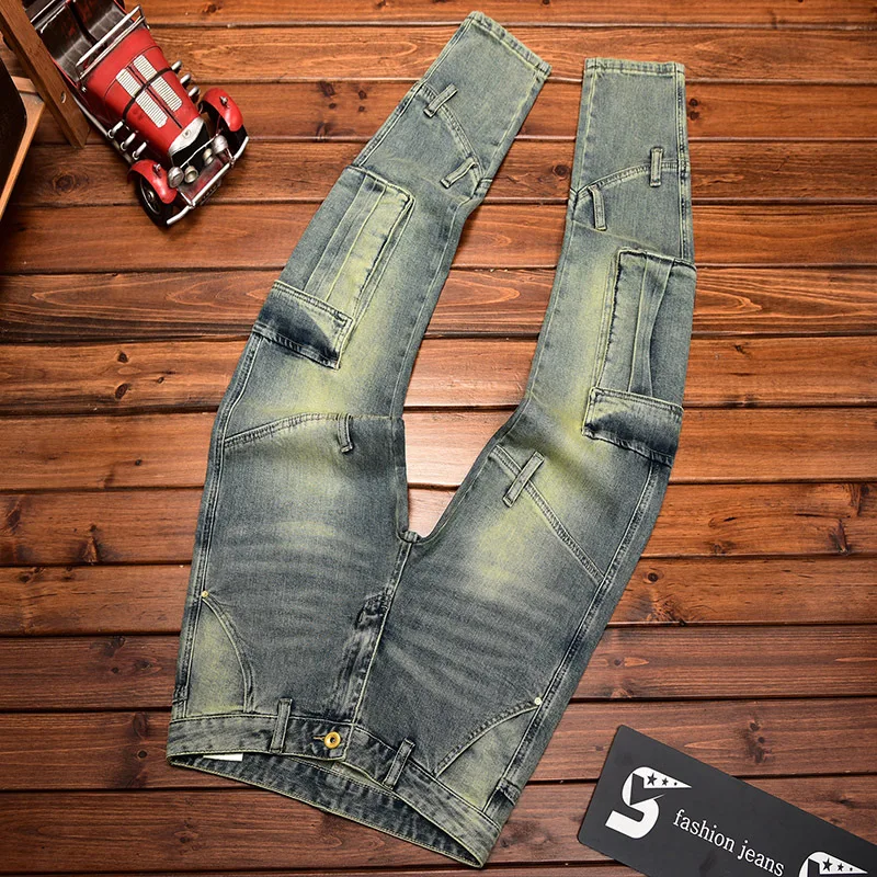 Jeans Retro Kelas Atas untuk Pria Celana Panjang Nostalgia Sepeda Motor Kasual Fashion Elastis Trendi Bergaya Skinny Slim Fit