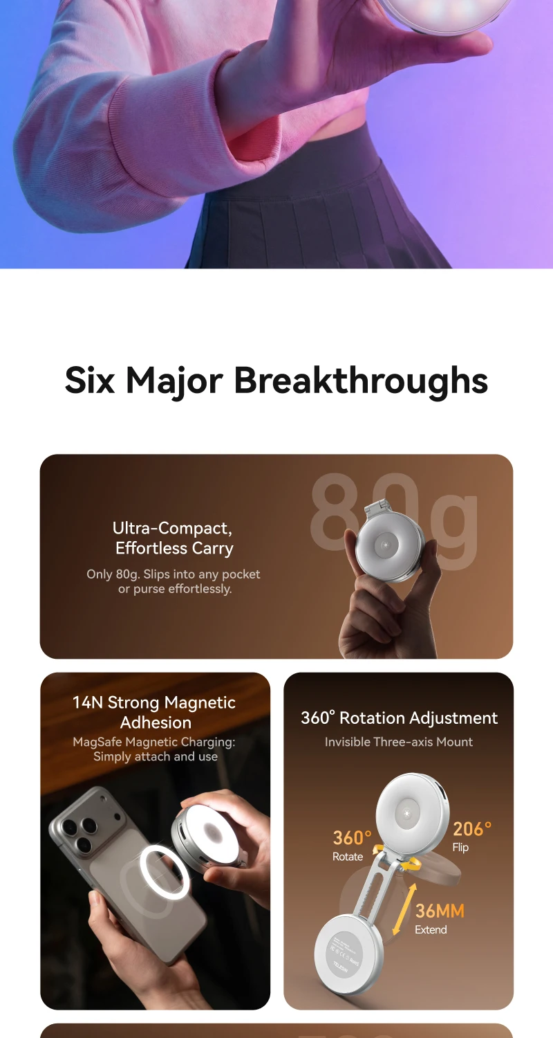TELESIN Magnetisch 360° ° Rotierendes RGB-Füllicht Mini-Selfie-Licht 3 Modi Einstellbare Farbe und Helligkeit für Smartphone iPhone Android – Detail 2