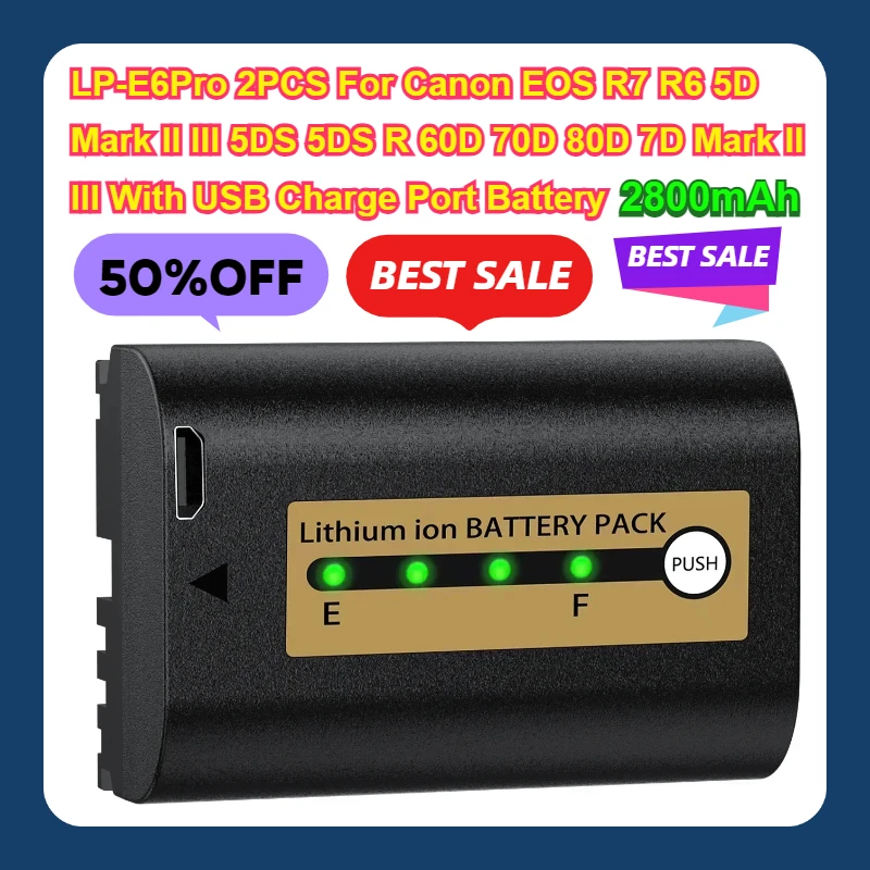 LP-E6Pro 2PCS For Canon EOS R7 R6 5D Mark II III 5DS 5DS R 60D 70D 80D 7D Mark II III 2800mAh With USB Charge Port Battery