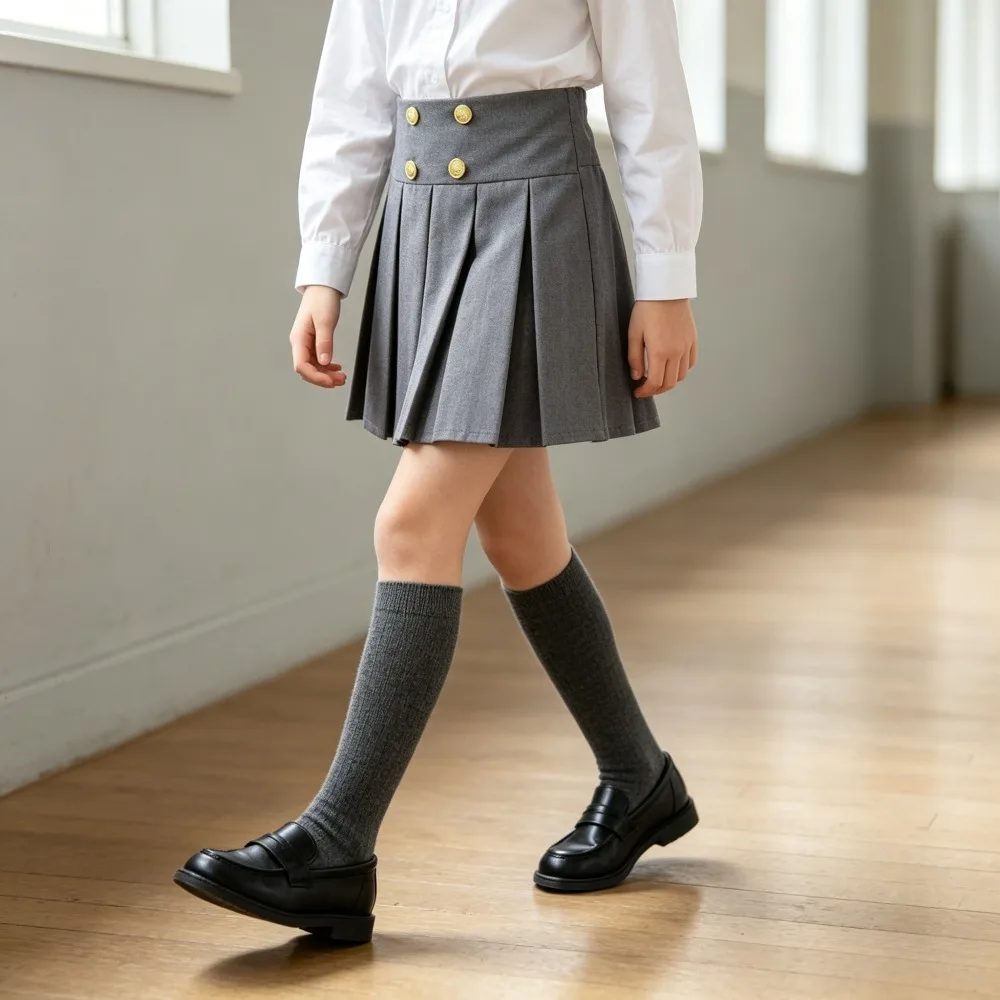 Kids Pleated Skirt with Double Breasted Buttons High Waisted A-Line Short Skirt Girls Vintage Casual School Daily Bottoms Autumn