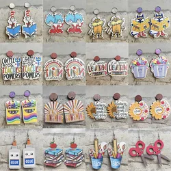 Cute Teacher Student Earrings Sunflower Cartoon Cat Reading Wooden Earrings Shiny Stainless Steel Ear Studs for Women Jewelry