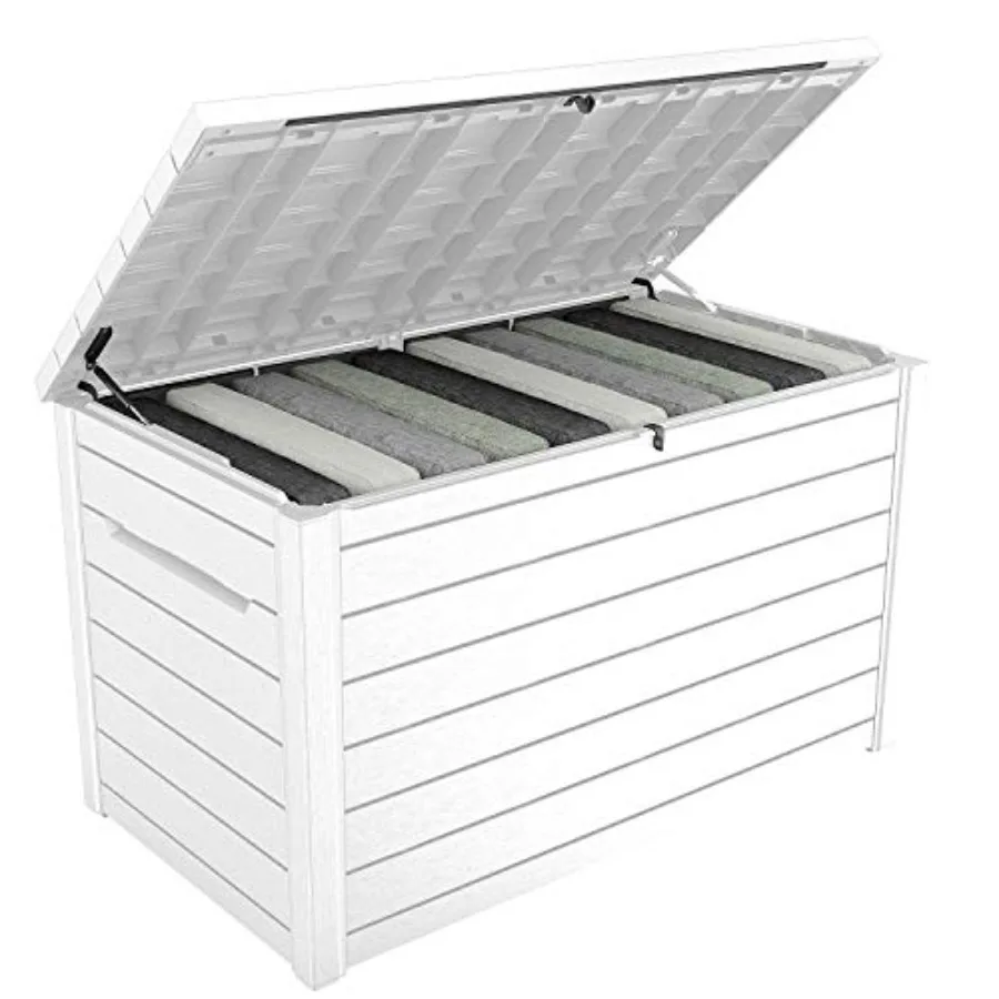 Outdoor patio deck storage box for 230-gallon capacity, XXL size, white polypropylene resin, weather-resistant and lockable view 4