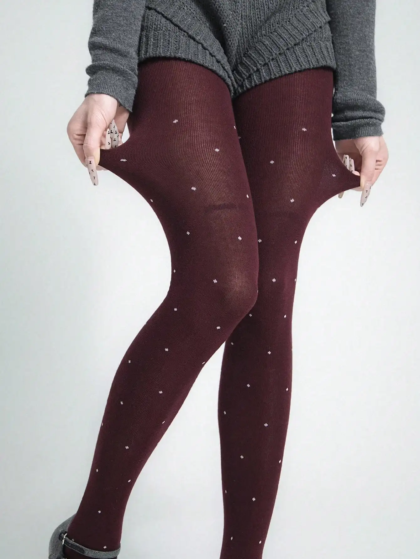 100 Grams Women\'s Polka Dot Printed Leggings, Autumn and Winter Thin Velvet Burgundy Spring and Autumn Commuter Peplum Leggings