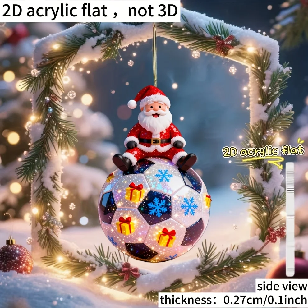 6/2-Piece Set of 2D Flat Santa Claus Sitting on a Football Acrylic Hanging Ornaments, Holiday Party Hanging Decorations, Car Rearview Mirror Decorations, the Ideal Gift for the Holidays, Halloween and Christmas Gifts