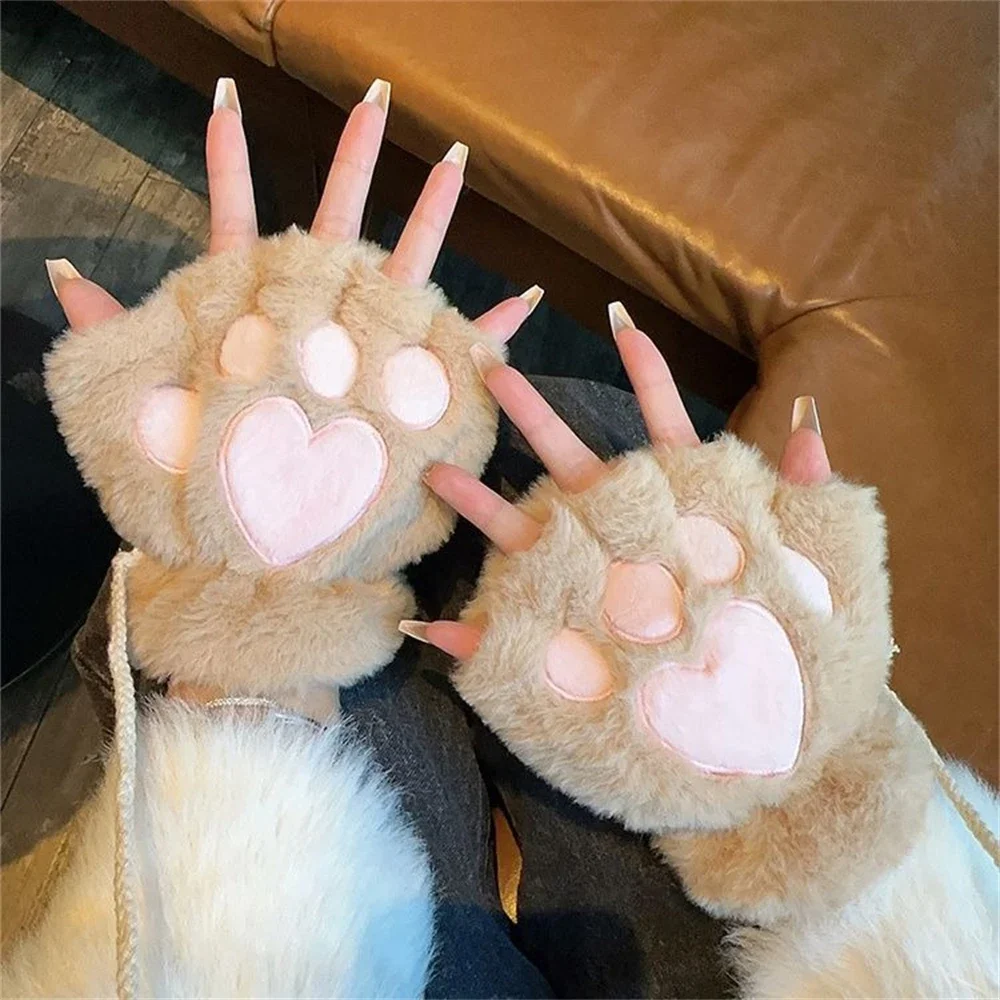 Cartoon Cute Cat Claw Paw Gloves Women Plush Mittens Outdoor Winter Warm Gloves Fluffy Bear Cat Glove Costume Half Finger Gifts