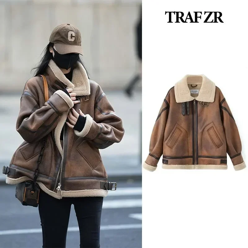 Traf zr Winter jacken für Frauen Pelz Bomber warme Lederjacken Schaffell Mantel für Frauen y2k Luxus Designer neu in Mänteln