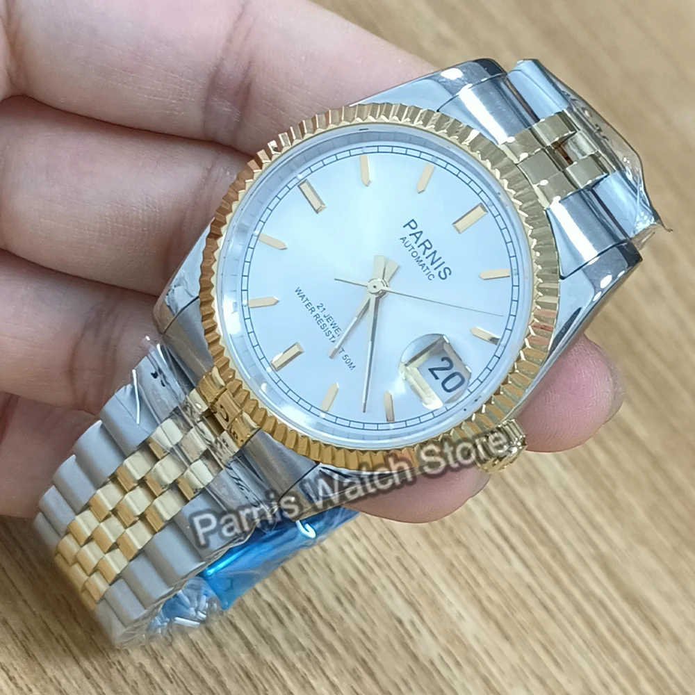 Parnis 36mm Gold Silver Color White Dial Men Watch Automatic Movement Men Stainless Steel Bracelet Mechanical Watches