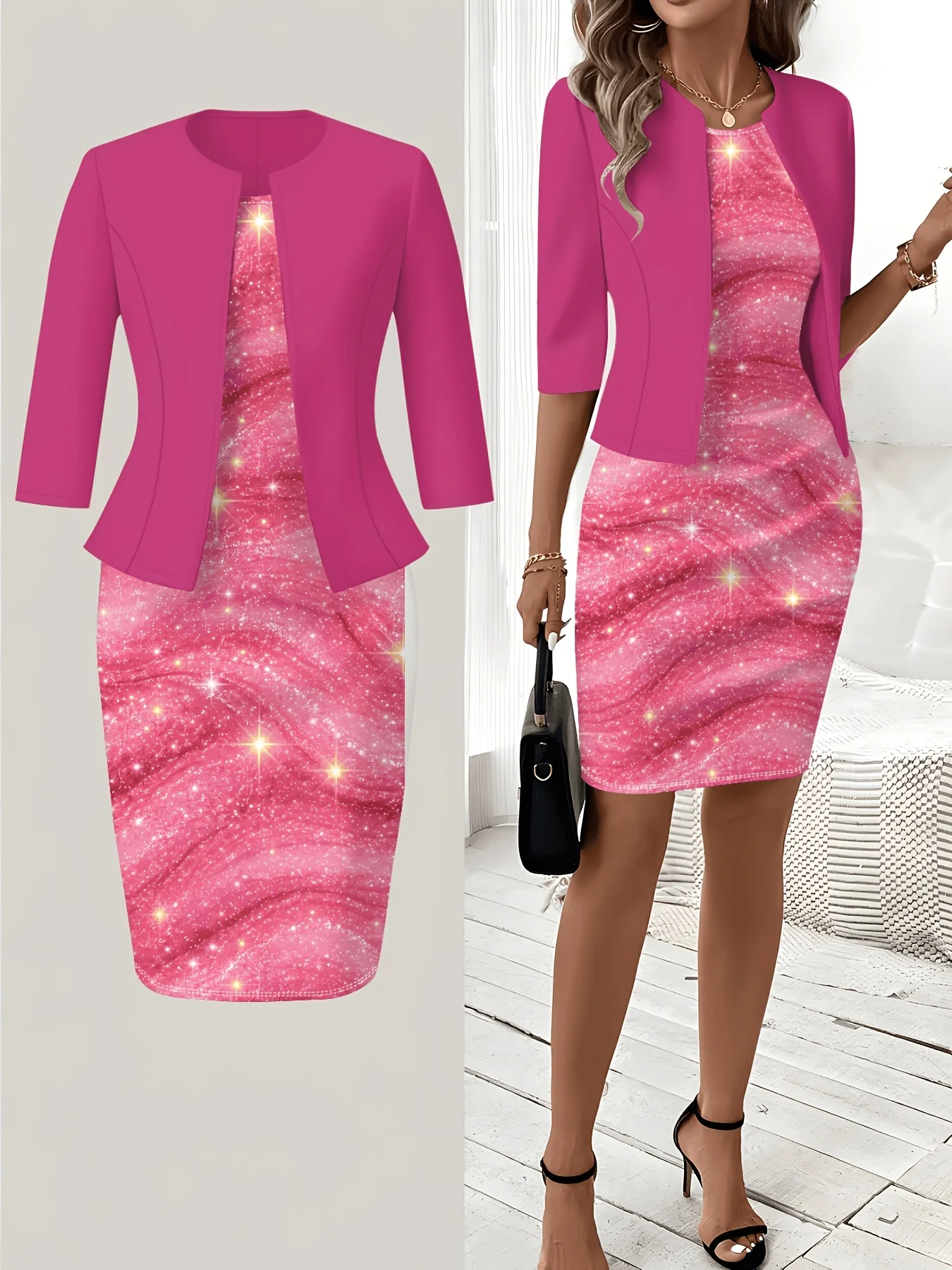 Print Design Casual Style Fuchsia Glitter Galaxy Texture Print Round Neck Sleeveless Dress Set