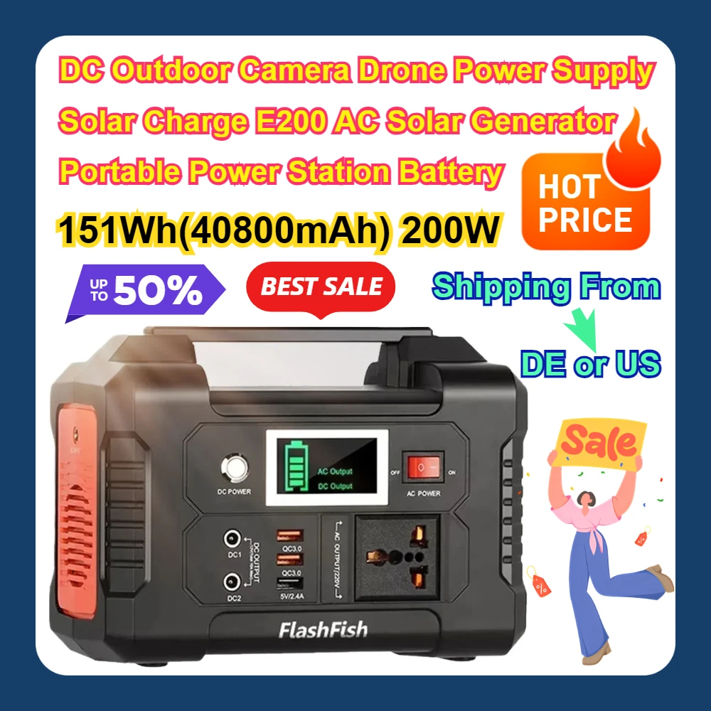 

DC Outdoor Camera Drone Power Supply Solar Charge E200 AC Solar Generator Portable Power Station 151Wh(40800mAh) 200W Battery