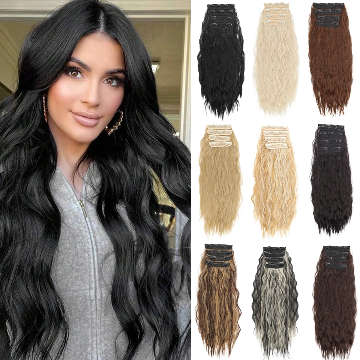 Natural Long Wavy Synthetic Hair Extension 18-32 inches Black 4pcs Hairpiece Fiber Double Weft Hair For Women Hair Accessories