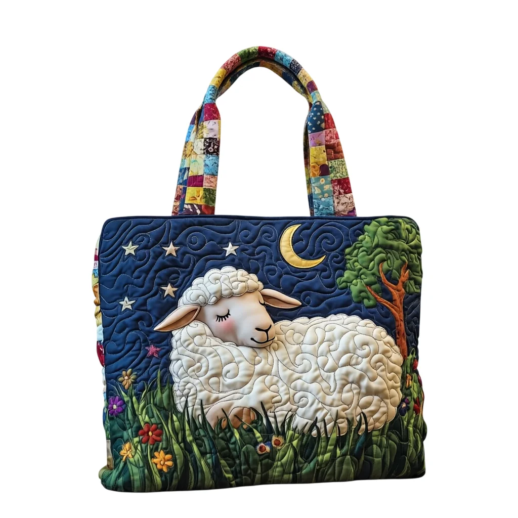 

Adorable Starry Night Sheep Tote Bag Colorful Patchwork Handle Quilted Shoulder Bag Lightweight for Daily Commute