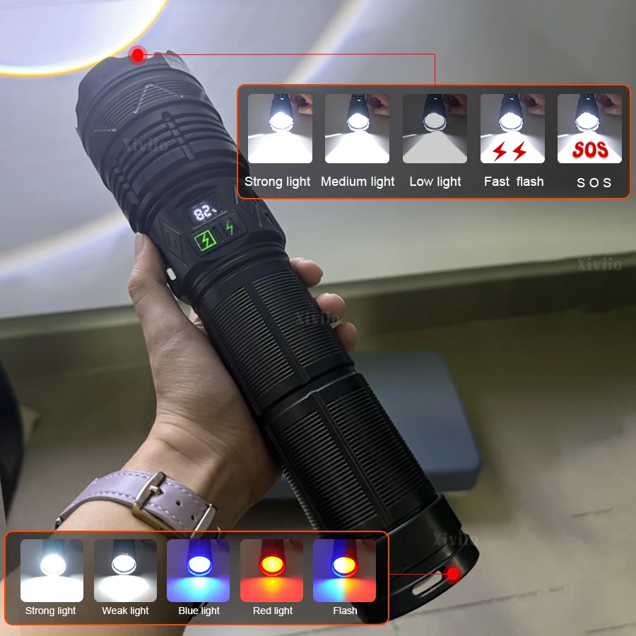 69000000LM 15000W Ultra Powerful Flashlight Telescopic Zoom Flash Lights Type-c Rechargeable LED Torch Outdoor Adventure Camping