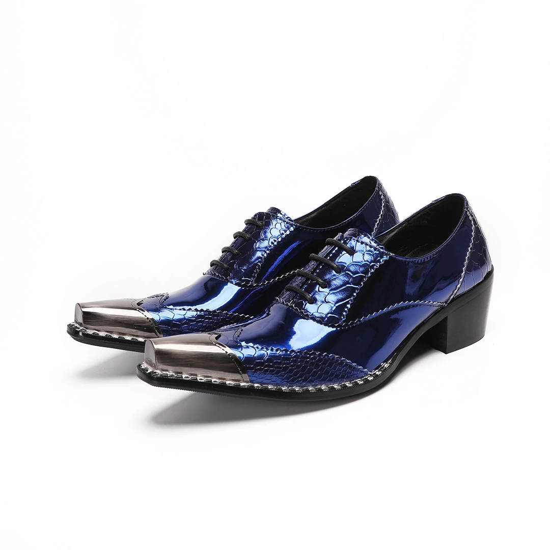Men's Metallic Blue Patent Leather Oxford Shoes Metal Pointed Toe Block High Heels Lace Up Dress Shoes Snake Pattern Party Shoes