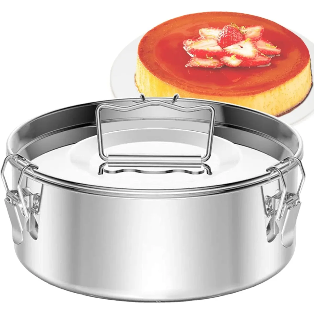 Molde para Tartaletas de Pudín de 7.5 Pulgadas, Acero Inoxidable 304, 1.5QT, con Tapa y Asa, para Flan, Pastel de Queso, Chocolate y Postres, Utensilios de Cocina