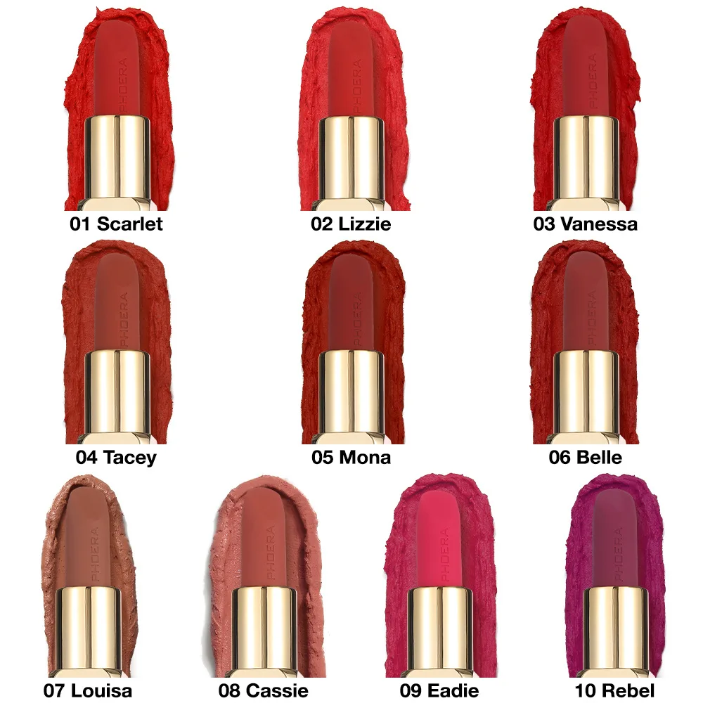 PHOERA 10 Colors New Velvet Matte Lipstick Waterproof Long-lasting Lip Tint Sexy Red Lip Glaze Lips Makeup Cosmetics For Women