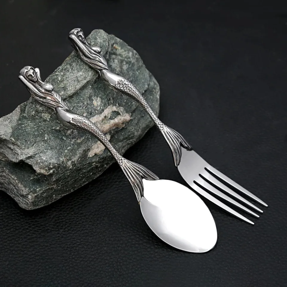 Fashion Vintage Mermaids Spoon Fork Set 304L Stainless Steel Hip Hop Biker Cool Creative Tableware Punk Party Jewelry Wholesale
