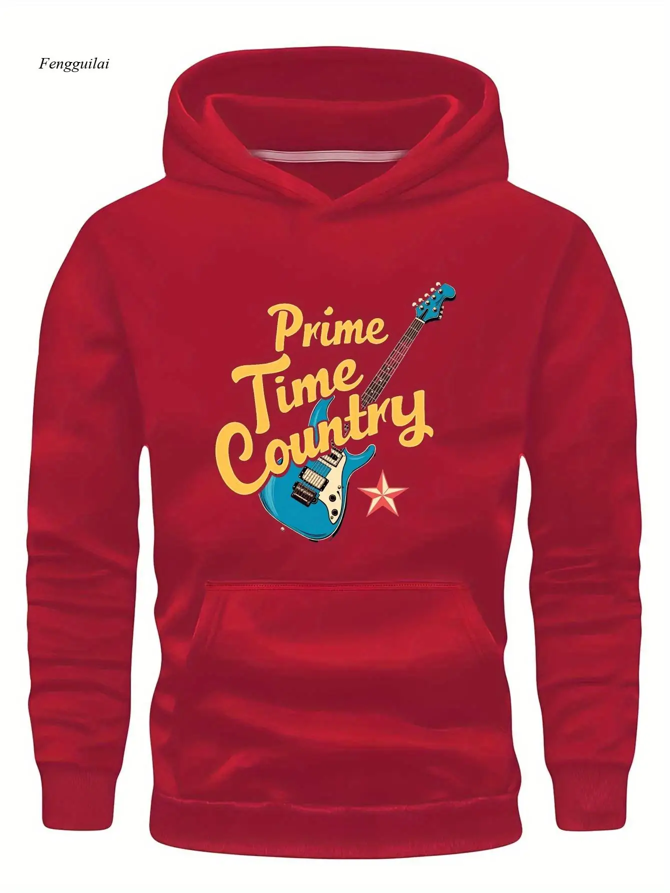 Prime Time Country grafische hoodie - levendig rood gitaar- en sterrenontwerp, loszittende casual trui, wasbaar in de machine
