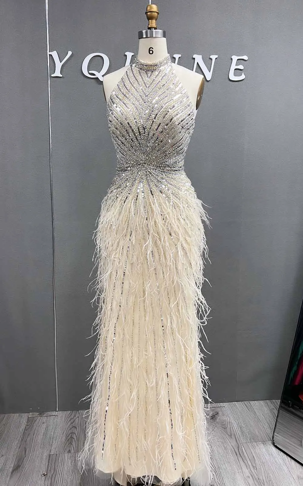 Fashion Halter Beige Feathers Crystals Evening Dresses Backless Mermaid Tulle Beaded Formal Women Party Dress