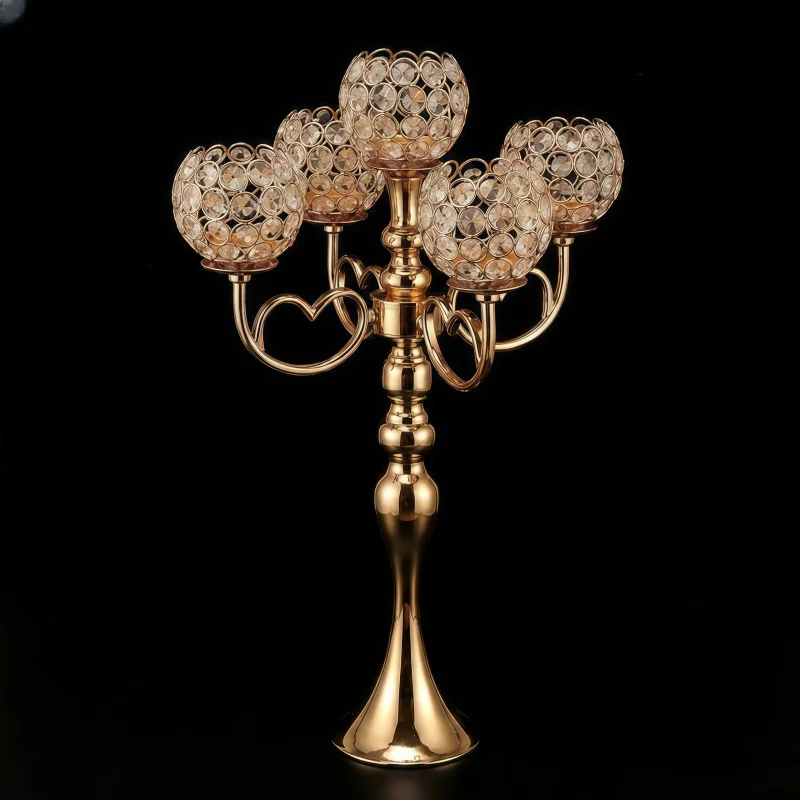 5-Arm Golden Crystal Candle Stand Heart-Shaped Arm Tealight Candle Holder Sliver Luxury Wedding Table Centerpiece Home Decor