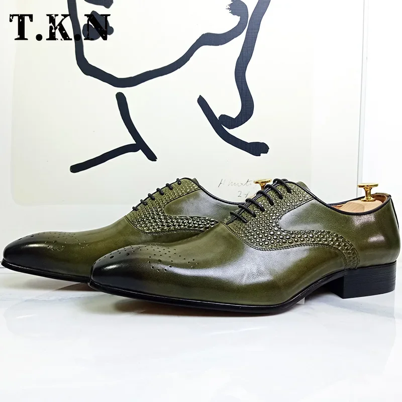 LUXURY MEN OXFORD SHOES OFFICE WEDDING DRESSES SHOES GREEN WHITE BLACK HAND-POLISHING LACE UP POINTED TOE LEATHER SHOES FOR MEN