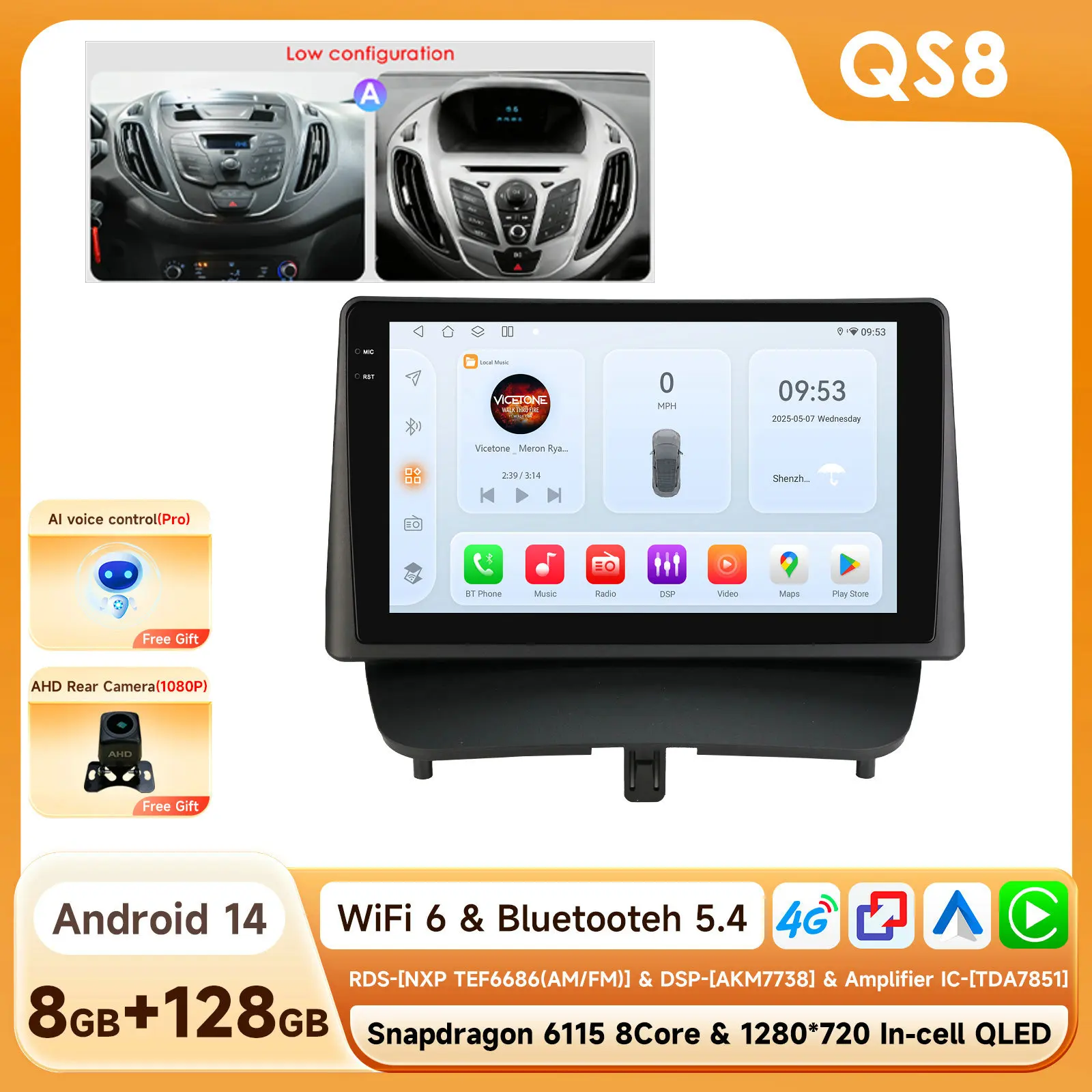 Hizpo 8-Core Android 14 Intelligente autoradio voor Ford Transit/Tourneo Courier 2013-2021 CarPlay 4G BT met Qualcomm Snapdragon 6115